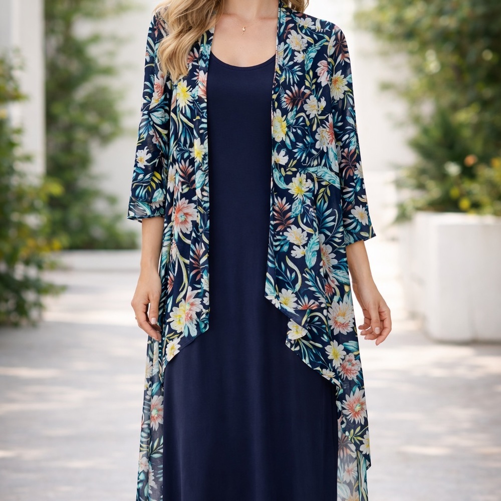 Navy Dress‎ with Floral Sheer Kimono Size 18 NWT